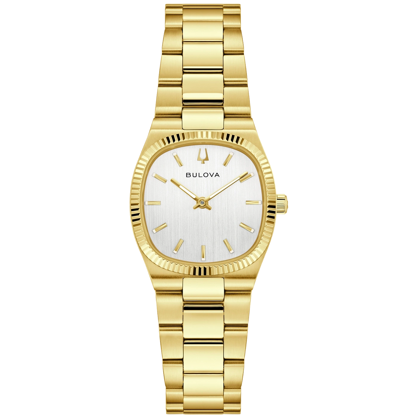 Goldene Bulova-Uhr mit weißem Zifferblatt und geriffeltem Rand.