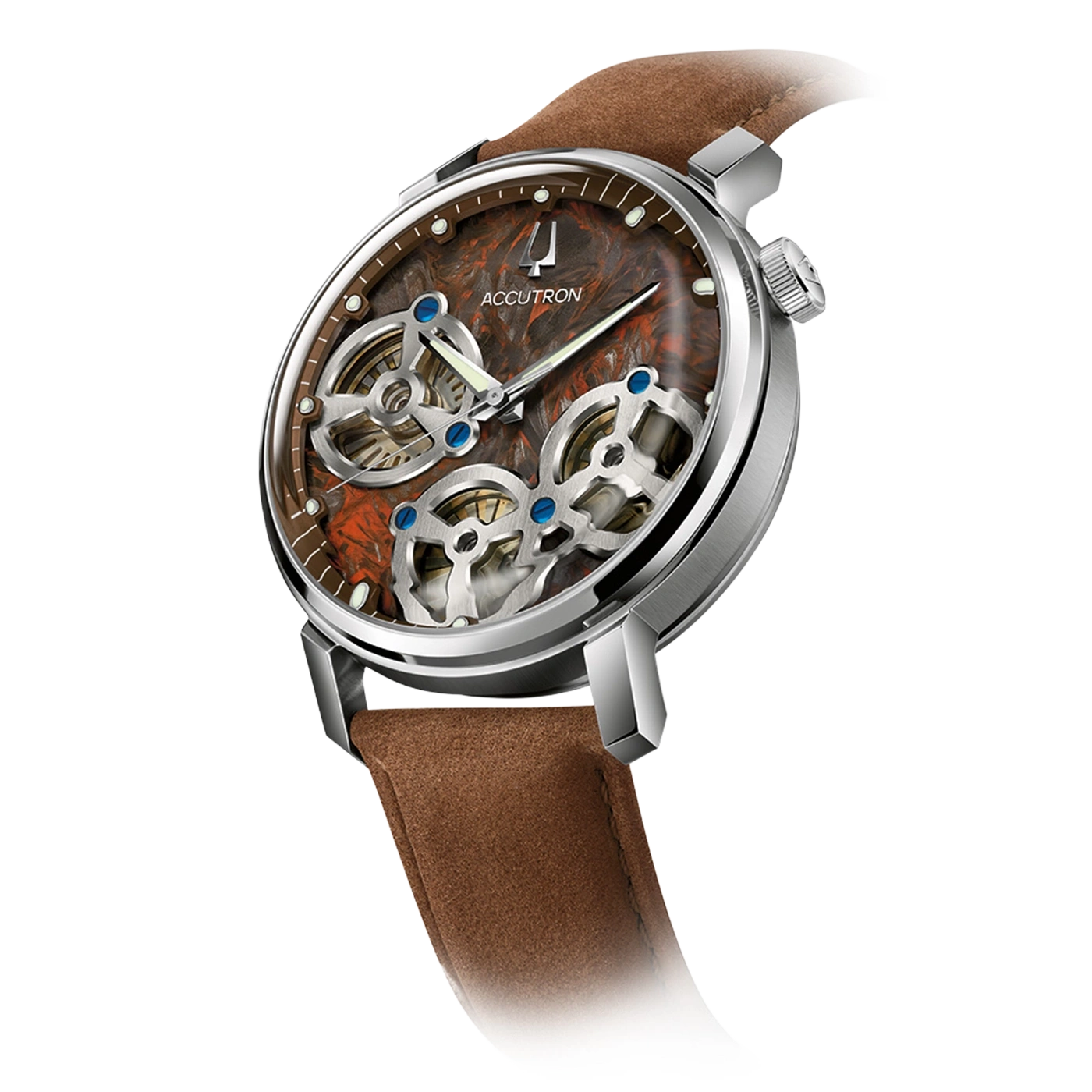 Eine mechanische Accutron-Uhr mit braunem Zifferblatt und Lederarmband.