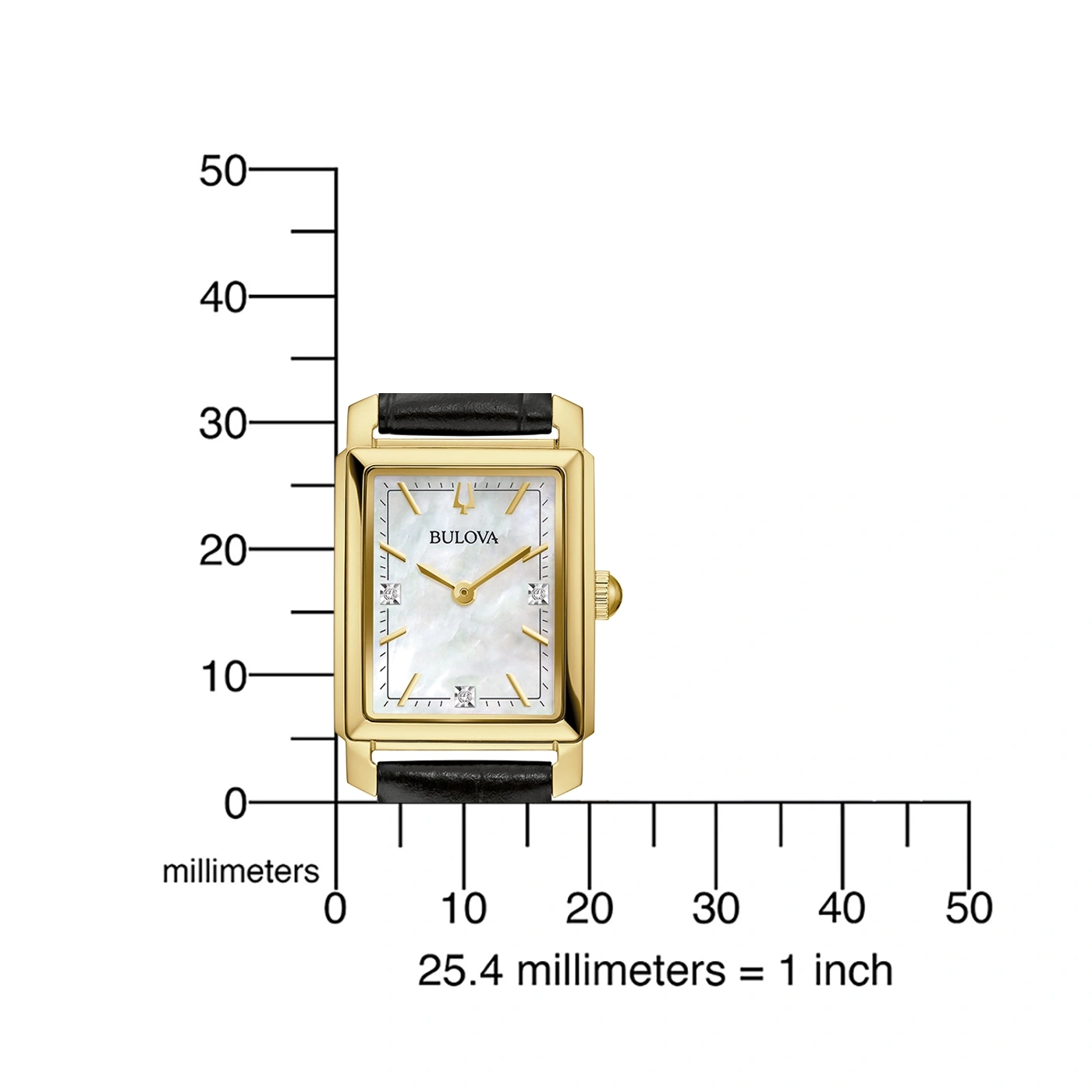 Goldene Bulova-Uhr mit schwarzem Armband, Millimeter-Skala, 25,4 mm = 1 Zoll.