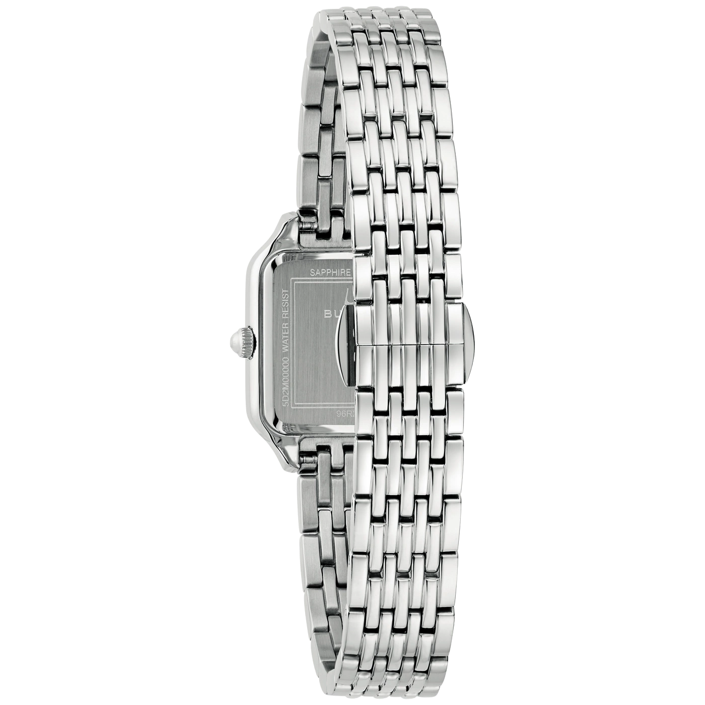 Rückseite einer silbernen Damenuhr mit Metallarmband