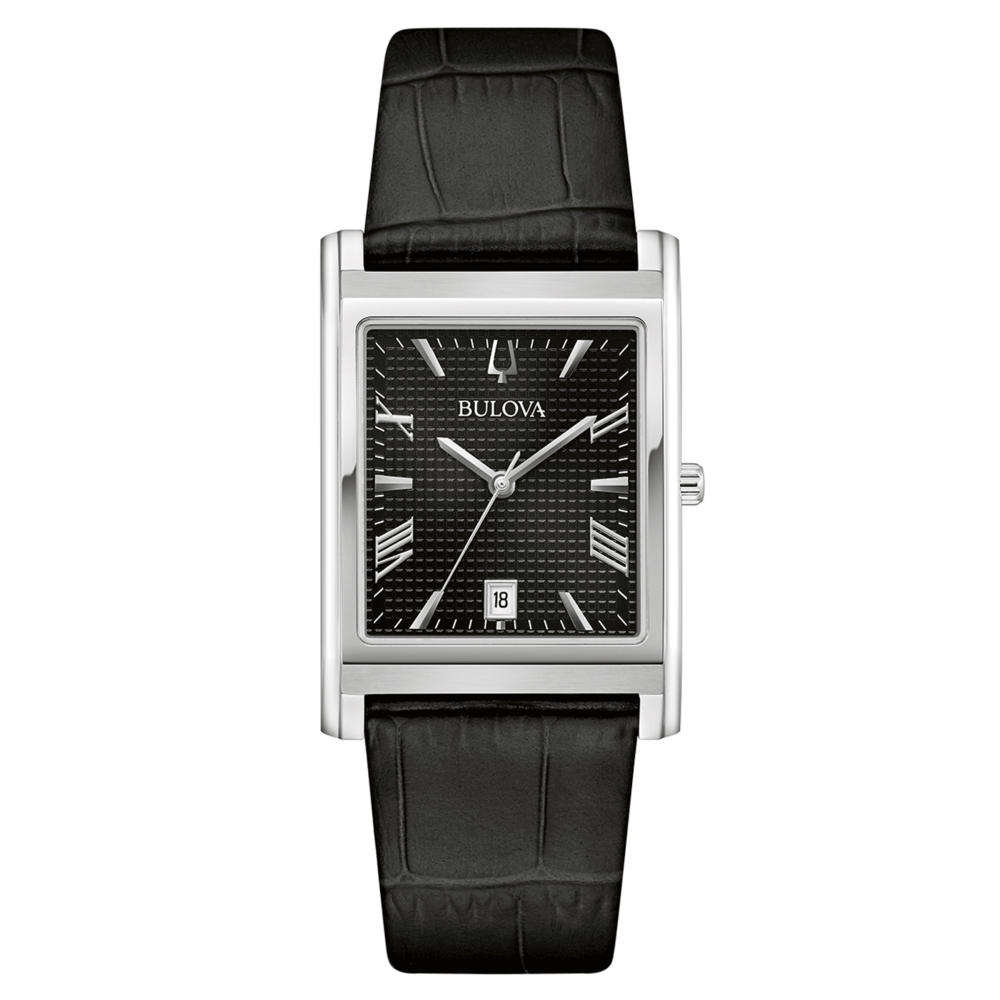 Bulova Herrenuhr mit schwarzem Zifferblatt und Lederarmband