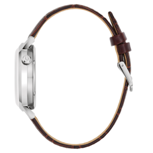Uhr mit braunem Lederarmband, Seitenansicht, silbernes Gehäuse, Detailaufnahme