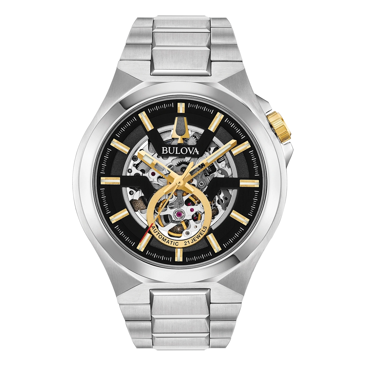 Bulova Herrenuhr, silbernes Gehäuse, schwarzes Zifferblatt, goldenen Akzenten, Automatik