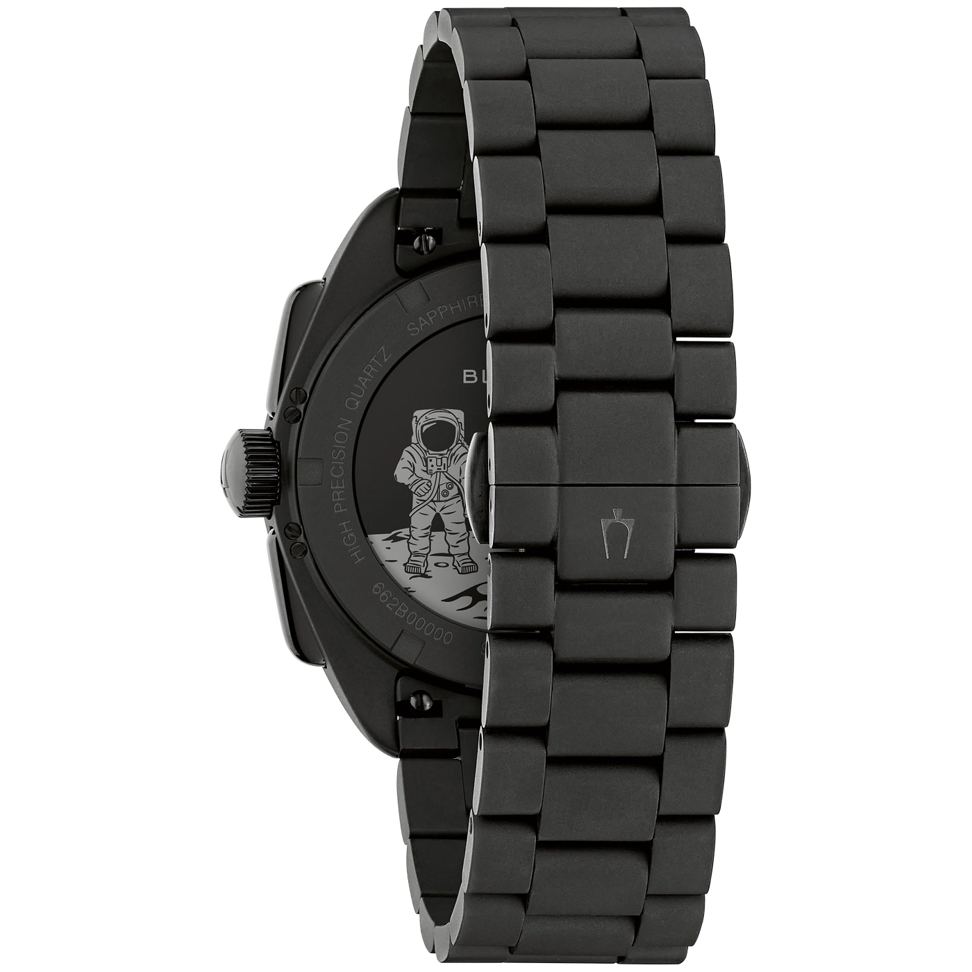 Schwarze Armbanduhr mit Astronauten-Gravur auf dem Gehäuseboden.