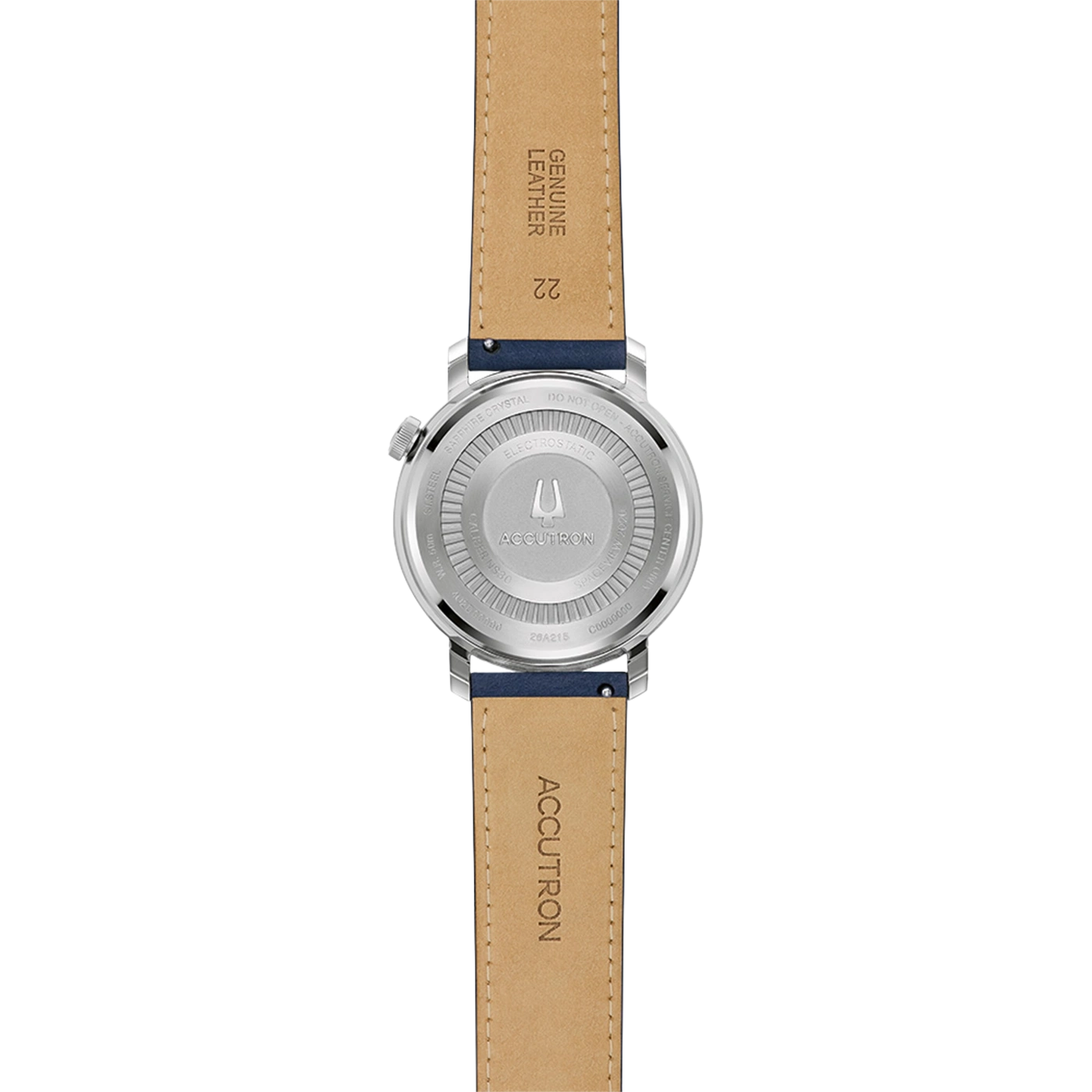Die Rückseite einer Accutron-Uhr mit Lederarmband und Gravuren.