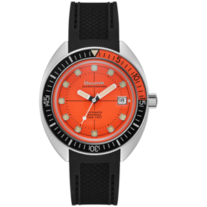 Bulova Oceanographer Uhr, orange Zifferblatt, schwarzes Armband, Datum, Edelstahl