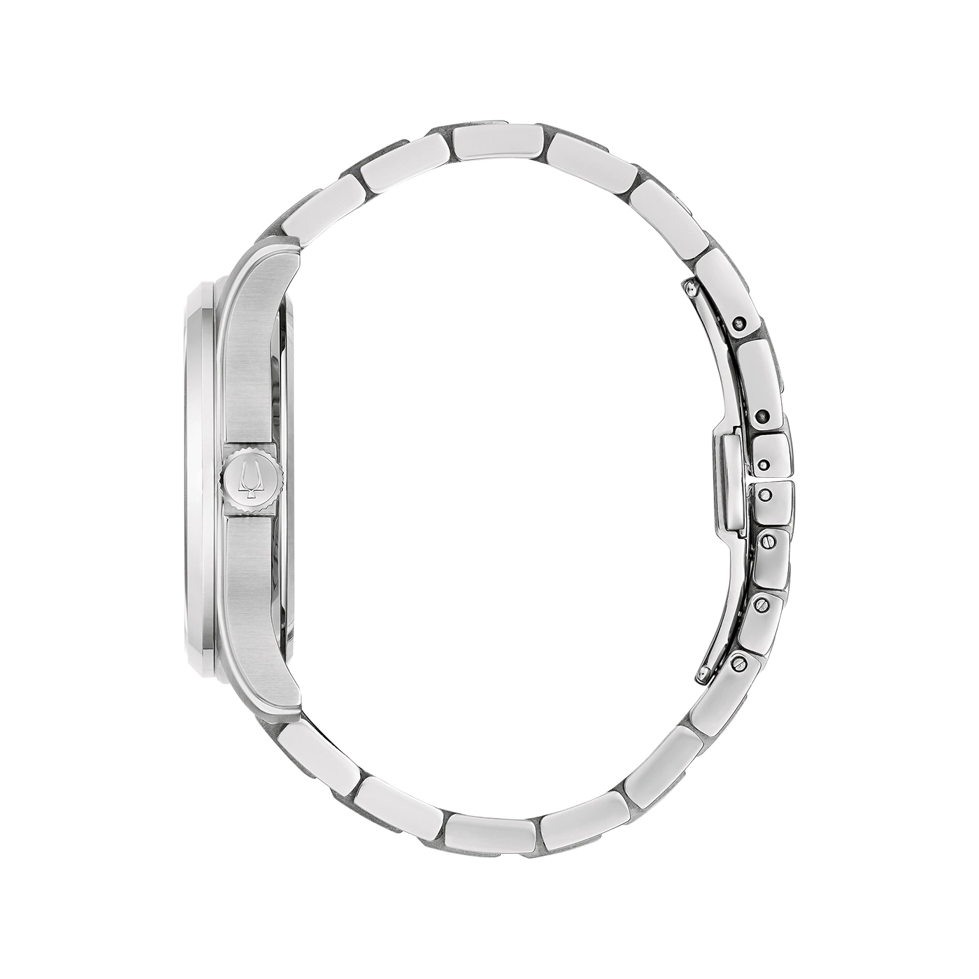 Silberne Uhr mit Armband, Seitenansicht, Detailaufnahme, elegant, modern