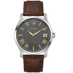 Bulova-Uhr mit braunem Lederarmband und römischen Ziffern auf grauem Zifferblatt