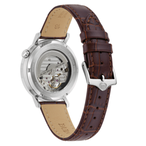 Bulova Uhr, braunes Lederarmband, Edelstahl, transparentes Zifferblatt, 21 Juwelen, MIYOTA