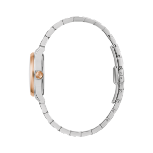Uhr, silbernes Armband, roségoldfarbenes Zifferblatt, Seitenansicht, elegantes Design