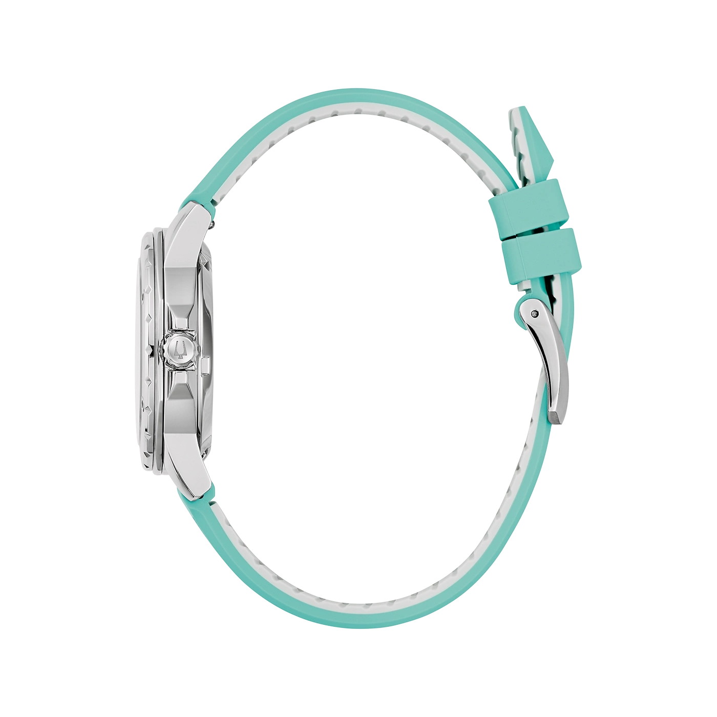 Uhr mit türkisfarbenem Armband und silbernem Gehäuse, Seitenansicht