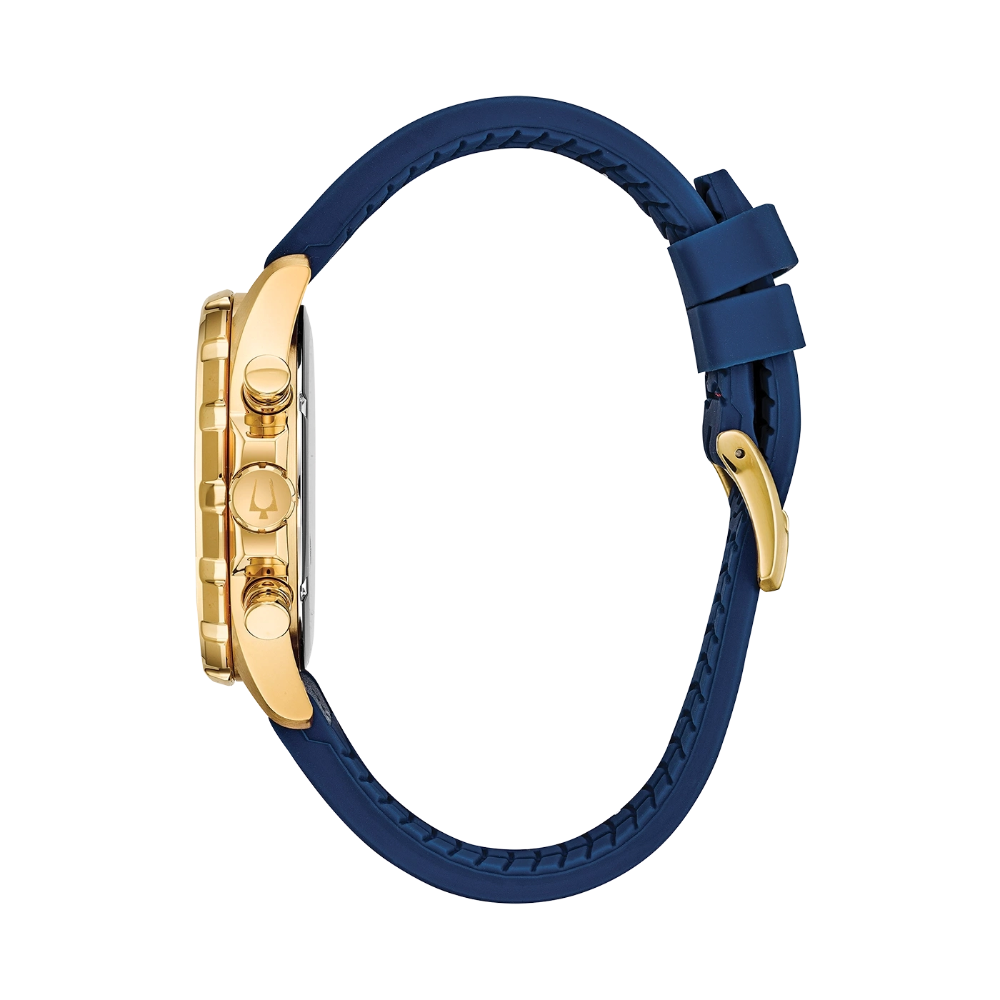 Goldene Uhr mit blauem Armband, Seitenansicht, Detailaufnahme, elegant