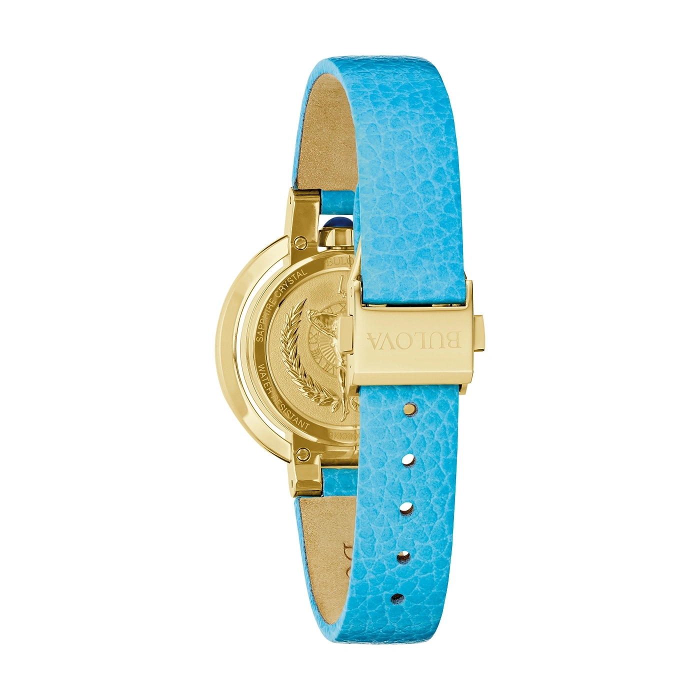 Bulova-Uhr mit blauem Armband und goldenem Gehäuse, Nahaufnahme