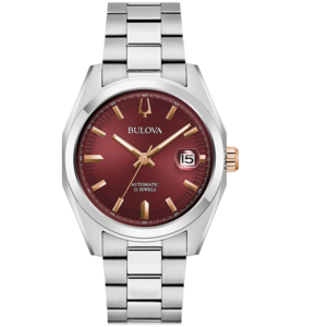 Bulova-Uhr mit rotem Zifferblatt, Automatik, 21 Juwelen, Datumsanzeige, Edelstahlarmband.