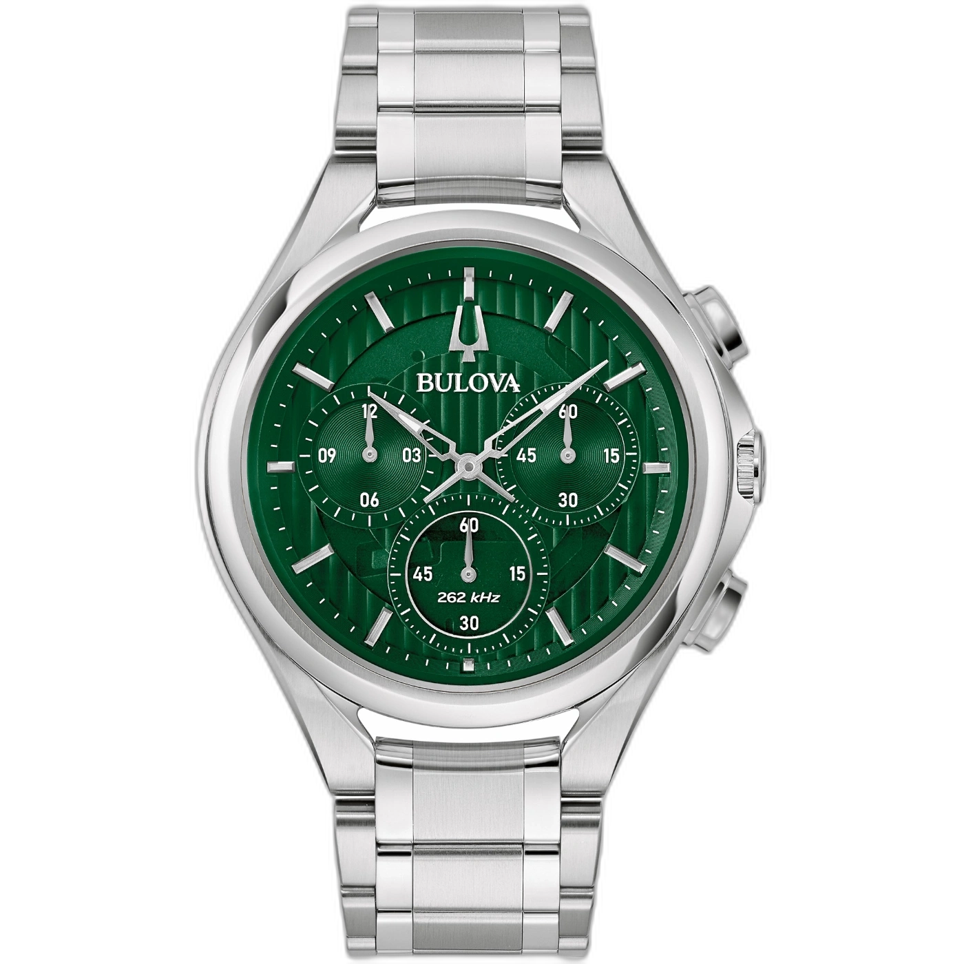 Bulova-Uhr mit grünem Zifferblatt und silbernem Armband, Chronograph-Design.