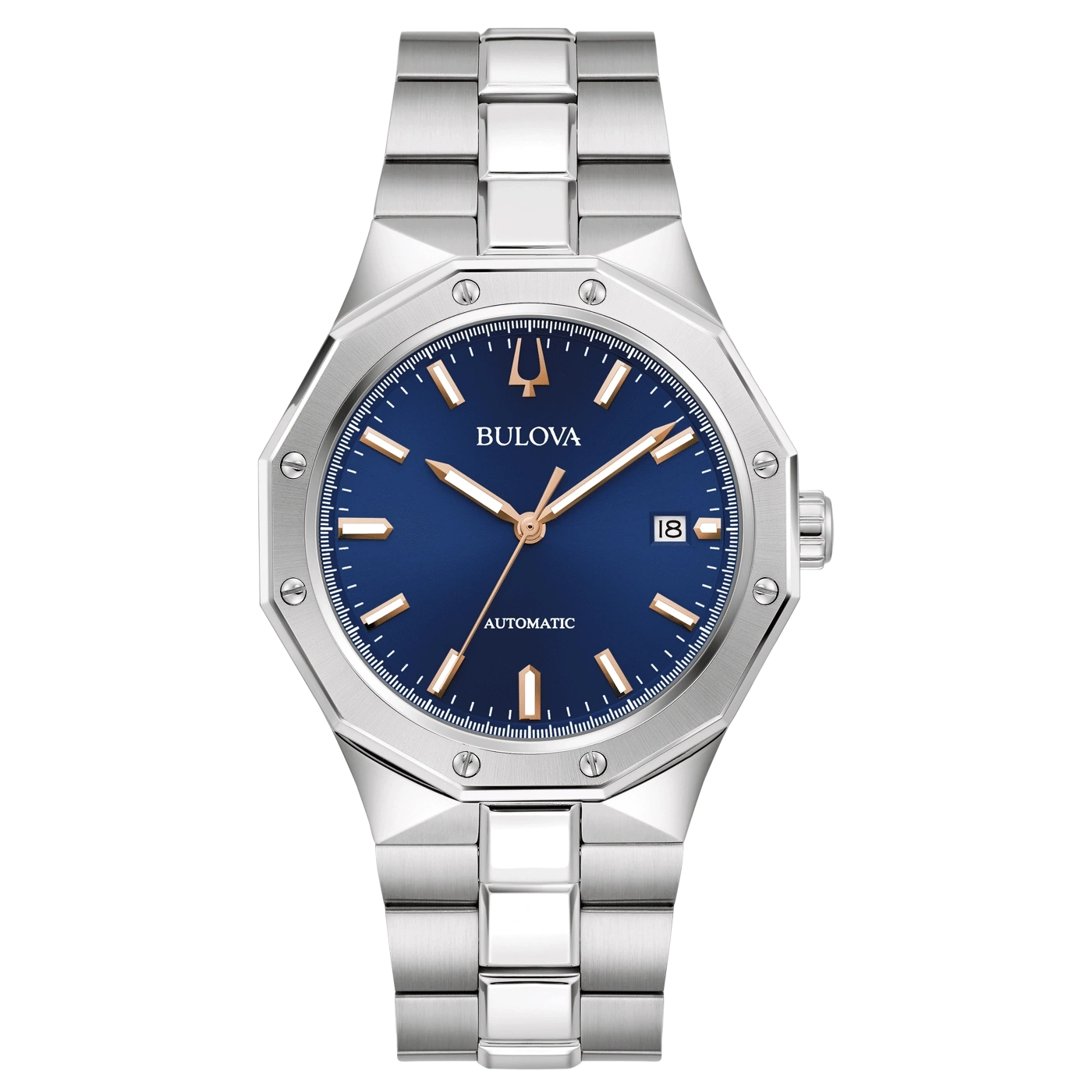 Bulova-Uhr, blaues Zifferblatt, silbernes Armband, Automatik, elegantes Design, Luxus