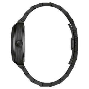 Schwarze Uhr mit Metallarmband, Seitenansicht, elegantes Design, Accessoire, Mode