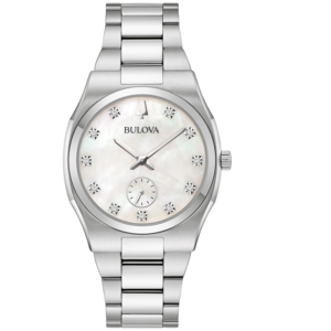 Silberne Bulova-Uhr mit Diamanten auf weißem Zifferblatt und Armband