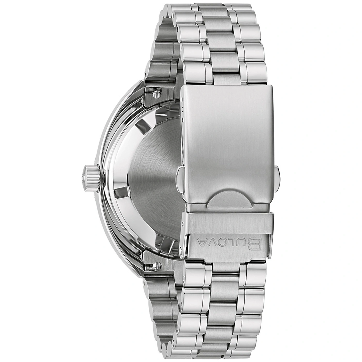 Rückseite einer silbernen Bulova-Uhr mit Armband und Verschluss.