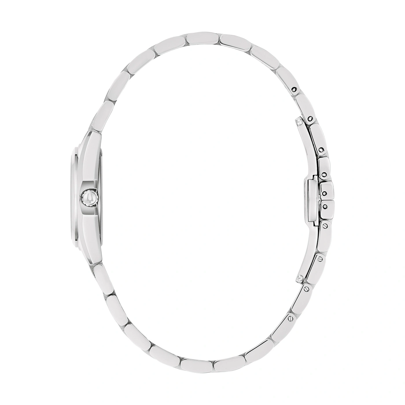 Silberne Damenuhr, Seitenansicht, Armband, rundes Zifferblatt, elegantes Design, Schmuck