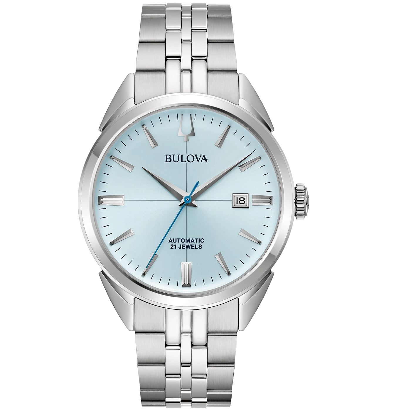Bulova-Uhr mit hellblauem Zifferblatt und silbernem Armband, Automatik, 21 Steine.