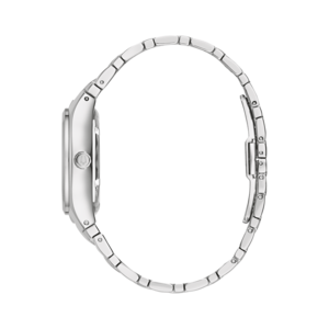 Silberne Damenuhr mit Armband, Seitenansicht, elegant und stilvoll