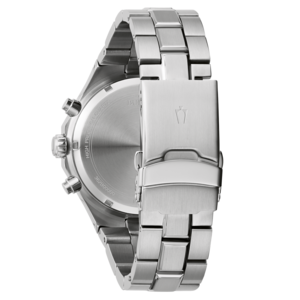 Edelstahl-Armbanduhr mit silbernem Gehäuse und Armband, Nahaufnahme