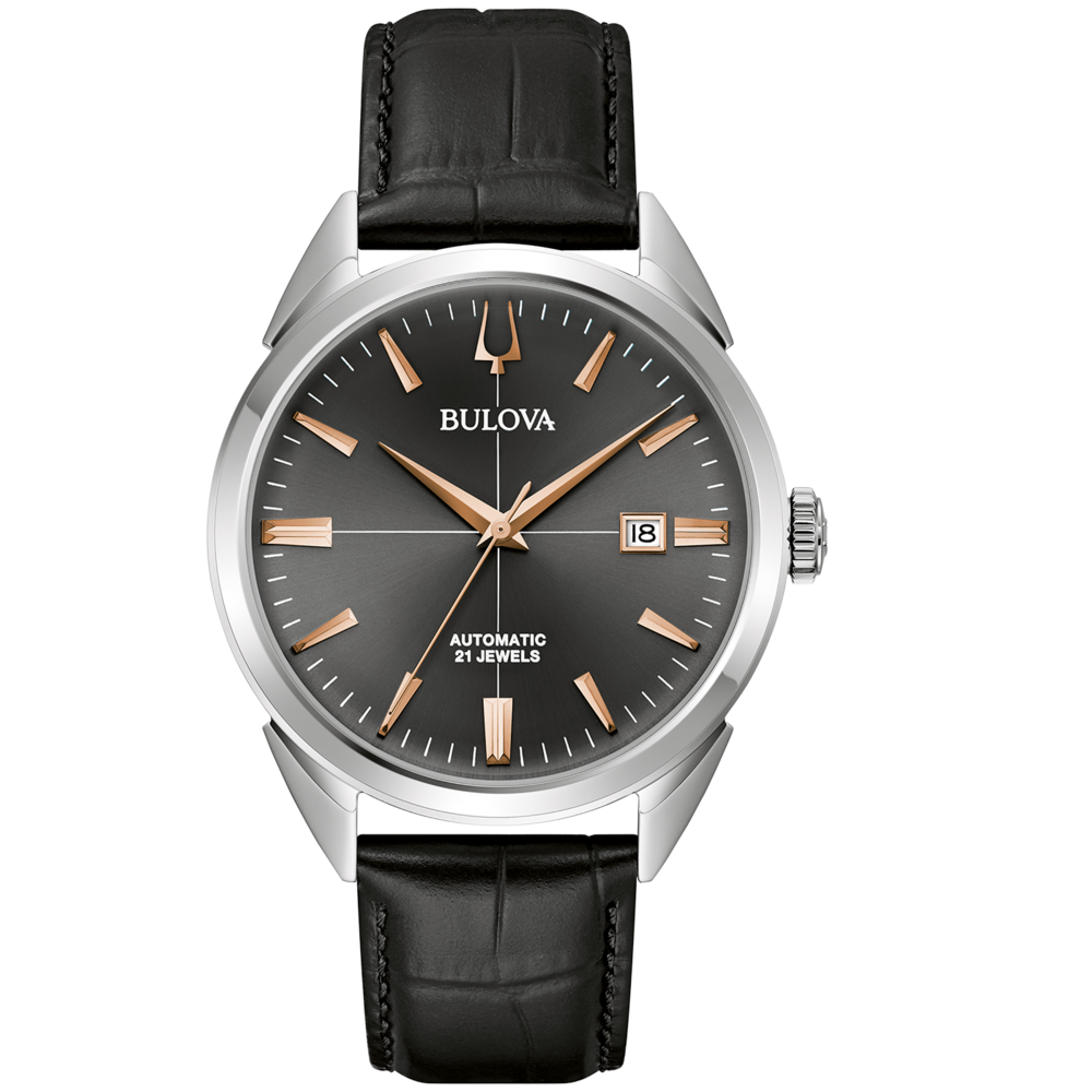 Bulova-Uhr mit schwarzem Zifferblatt und Lederarmband, Datum 18
