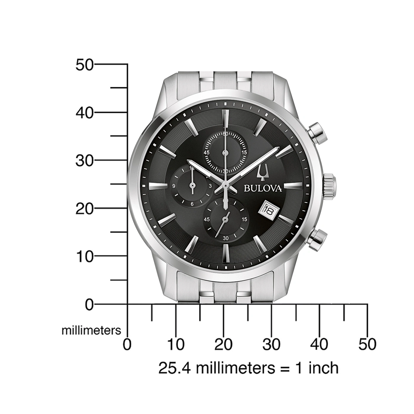 Bulova-Uhr mit schwarzem Zifferblatt und Datumsanzeige, silbernes Armband, Millimeter-Skala.