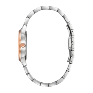 Uhr mit silbernem Armband und roségoldfarbenem Zifferblatt, Seitenansicht