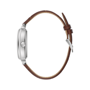 Uhr mit braunem Lederarmband, Seitenansicht, silbernes Gehäuse, elegantes Design