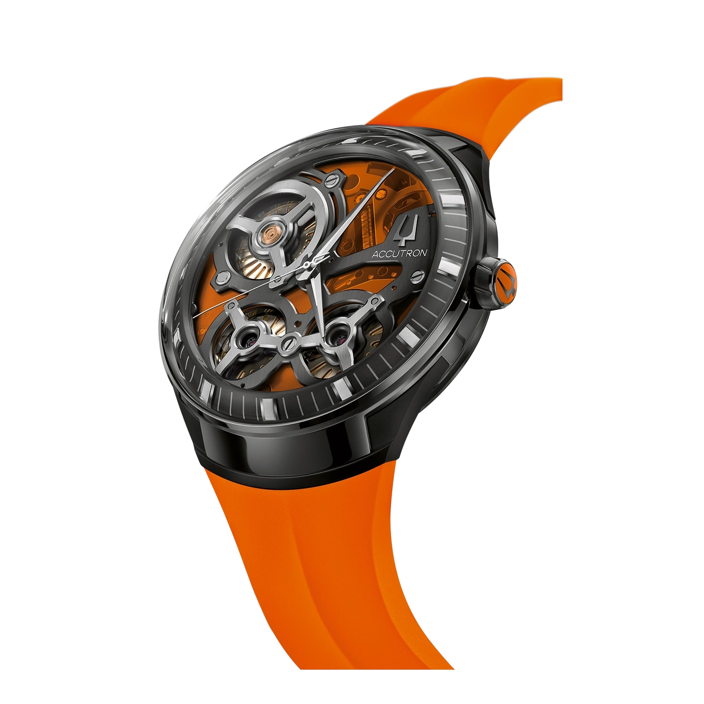 Orange Uhr mit schwarzem Gehäuse und Detailansicht des Uhrwerks.