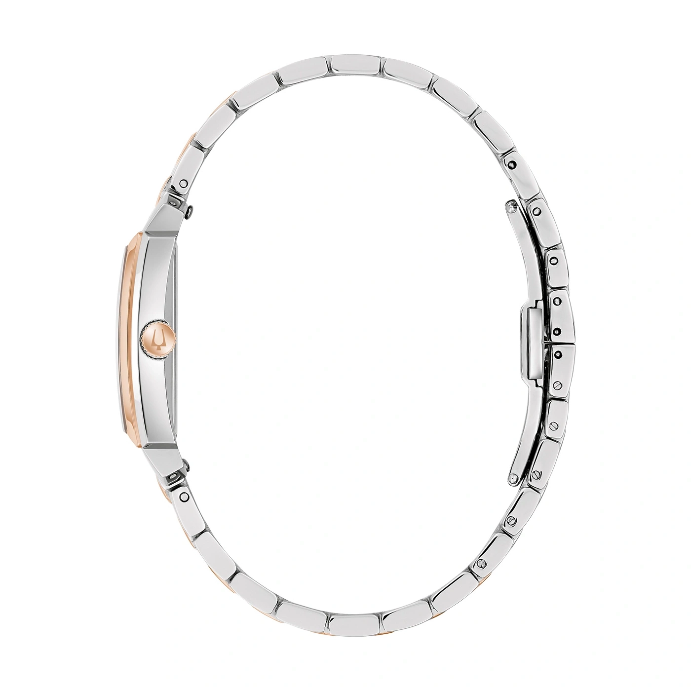 Uhr, silberfarbenes Armband, roségoldfarbene Akzente, elegantes Design, Damenuhr, Seitenansicht, Detailaufnahme