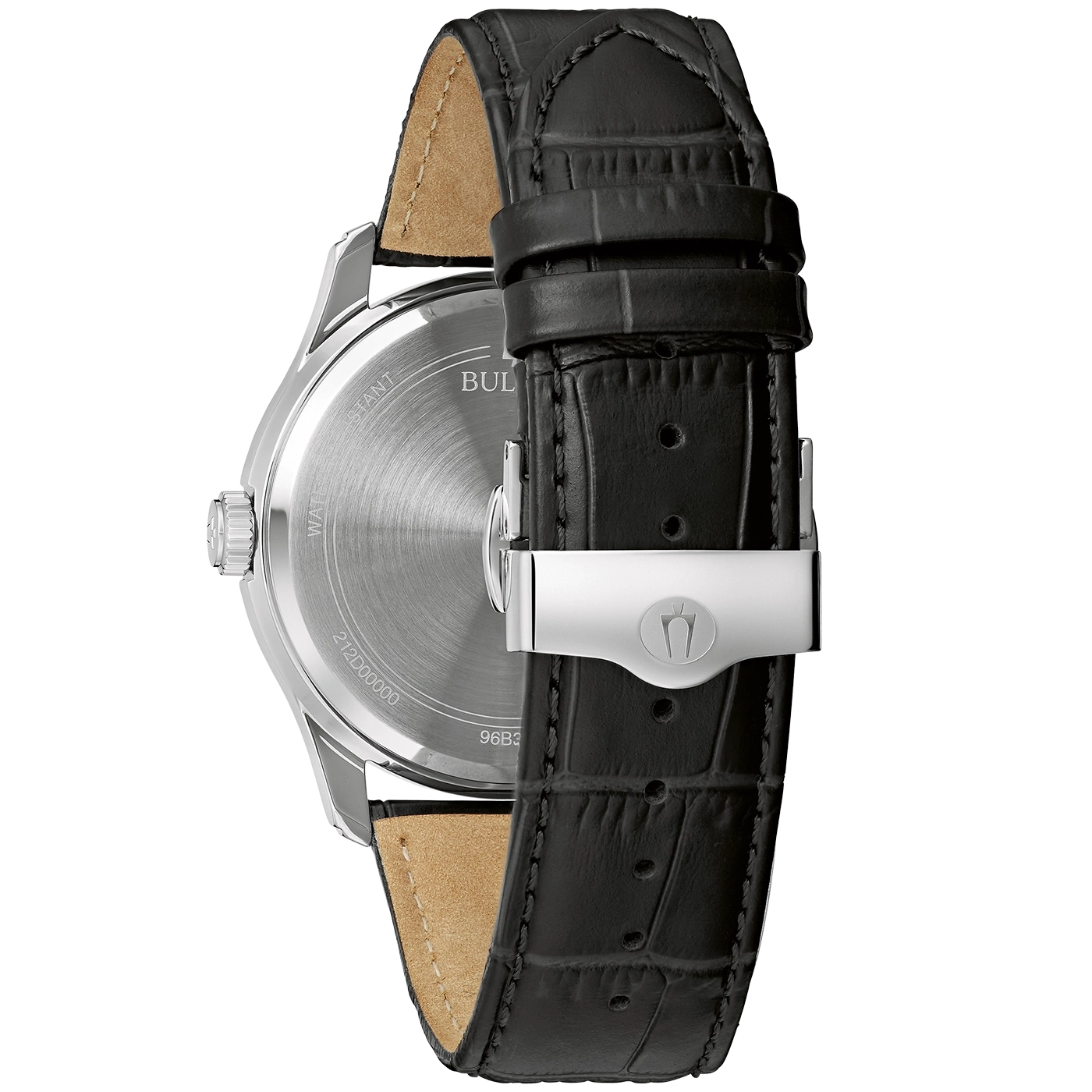 Bulova Uhr, schwarzes Lederarmband, silberne Schnalle, Detailaufnahme, Nahaufnahme, Rückseite