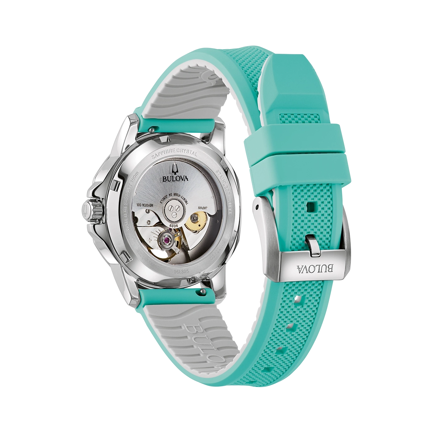 Bulova-Uhr mit blauem Armband, Detailansicht des Uhrwerks und des Verschlusses.