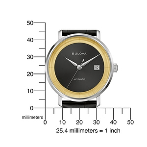 Bulova-Uhr mit schwarzem Zifferblatt und goldenem Rand, mit Millimeter-Skala.