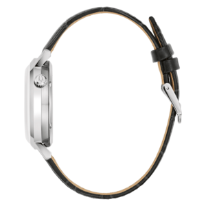 Uhr mit schwarzem Lederarmband, Seitenansicht, silbernes Gehäuse, elegantes Design