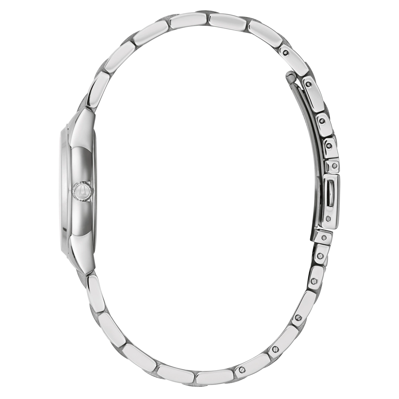 Silberne Damenuhr, Seitenansicht, Armband, rundes Zifferblatt, elegantes Design, Accessoire