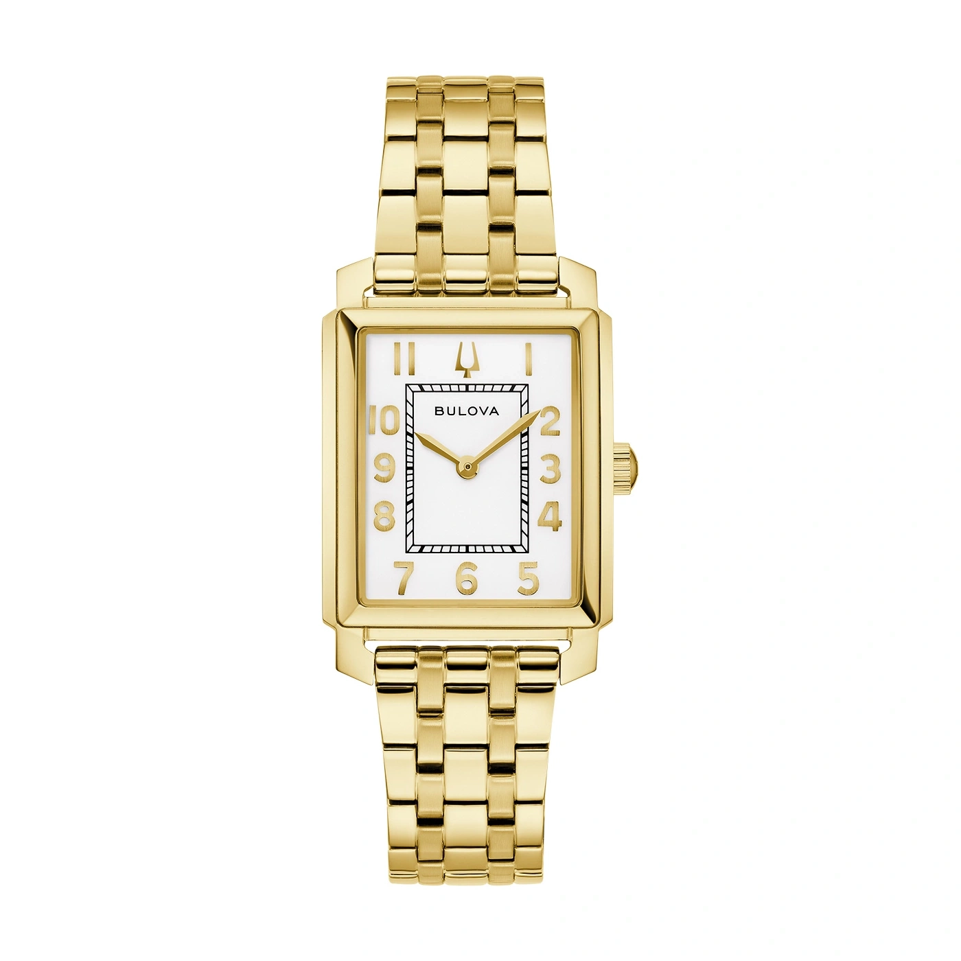 Goldene Bulova-Uhr mit weißem Zifferblatt und goldenen Ziffern und Zeigern.