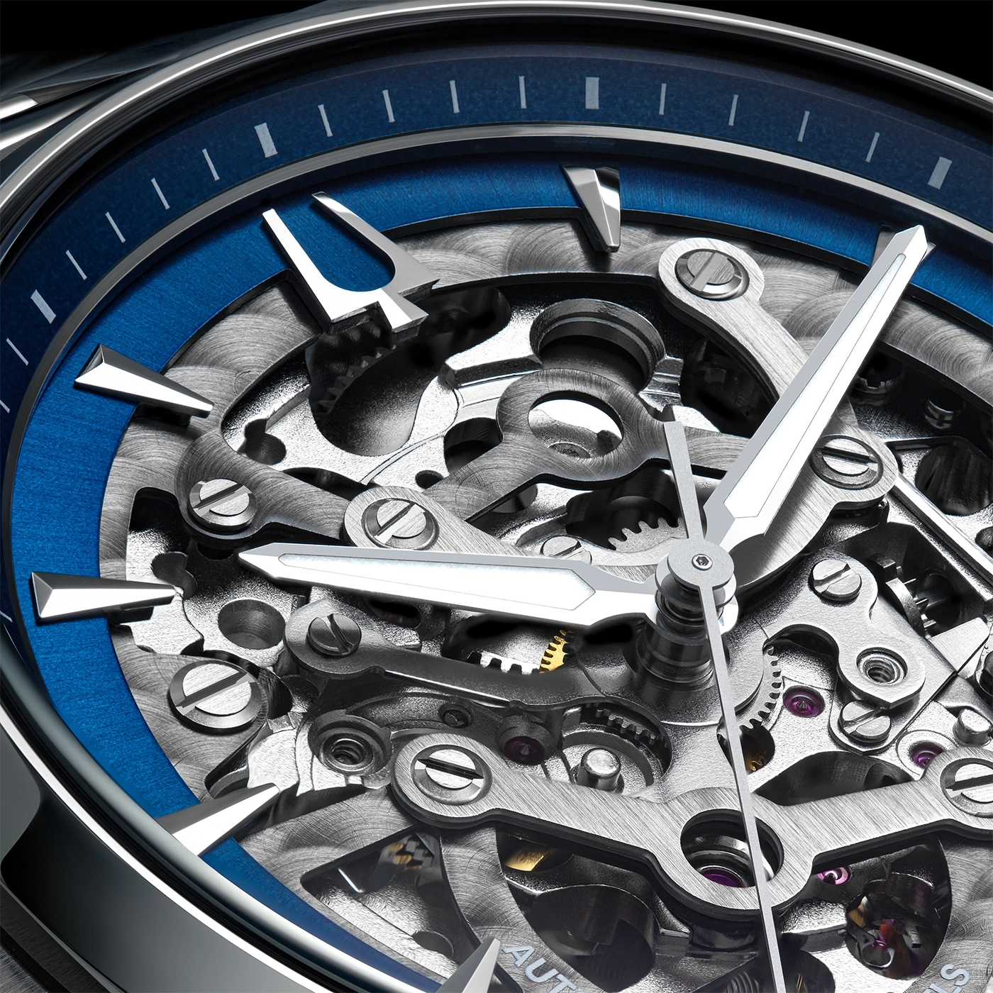 Detailaufnahme einer mechanischen Uhr mit blauem Zifferblatt und Skelett-Design.