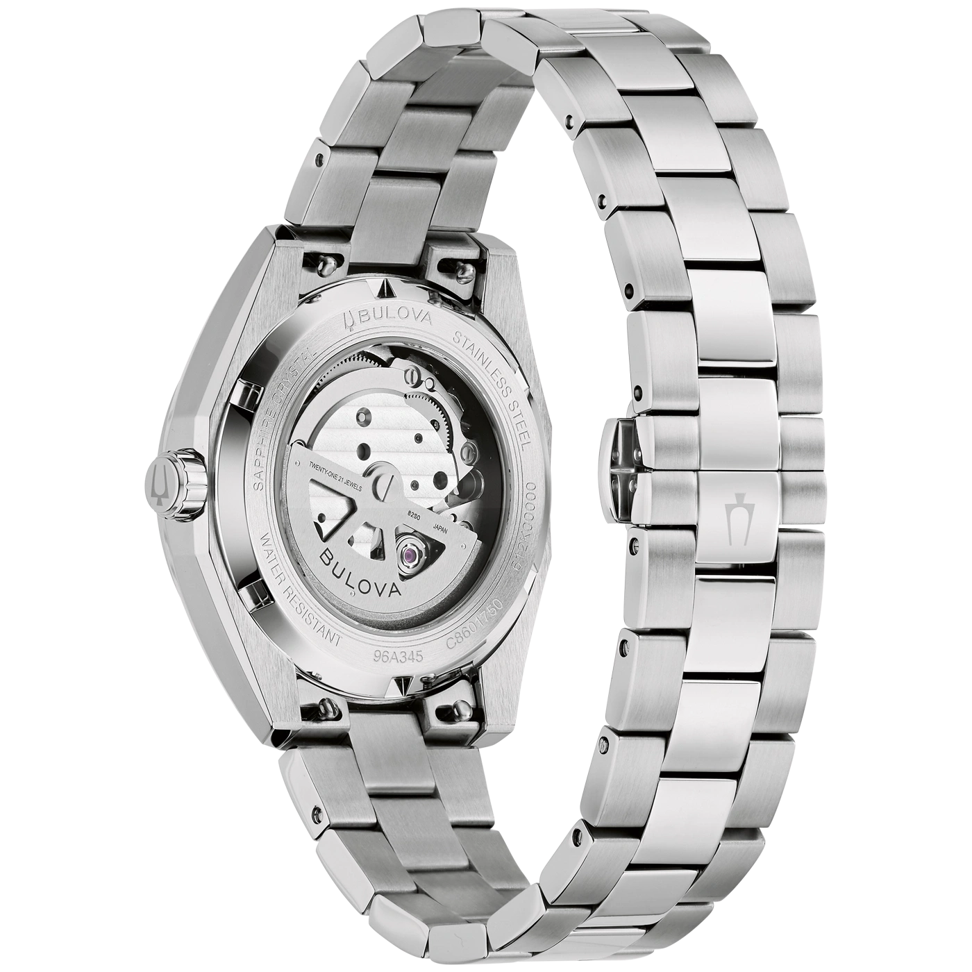 Ein silbernes Automatikwerk-Armbanduhr-Gehäuse mit Gravur auf der Rückseite, isoliert auf schwarzem Hintergrund.