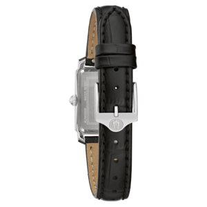 Schwarze Uhr mit Lederarmband und silberner Schnalle, Nahaufnahme