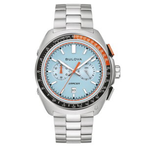 Bulova Herrenuhr mit hellblauem Zifferblatt und orangefarbenen Akzenten, Edelstahlarmband