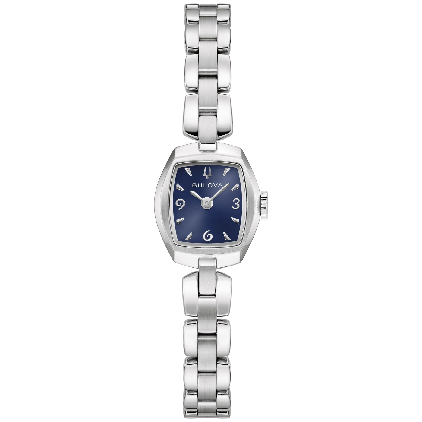Ein silbernes Bulova Damenuhr mit blauem Zifferblatt und silbernem Armband.