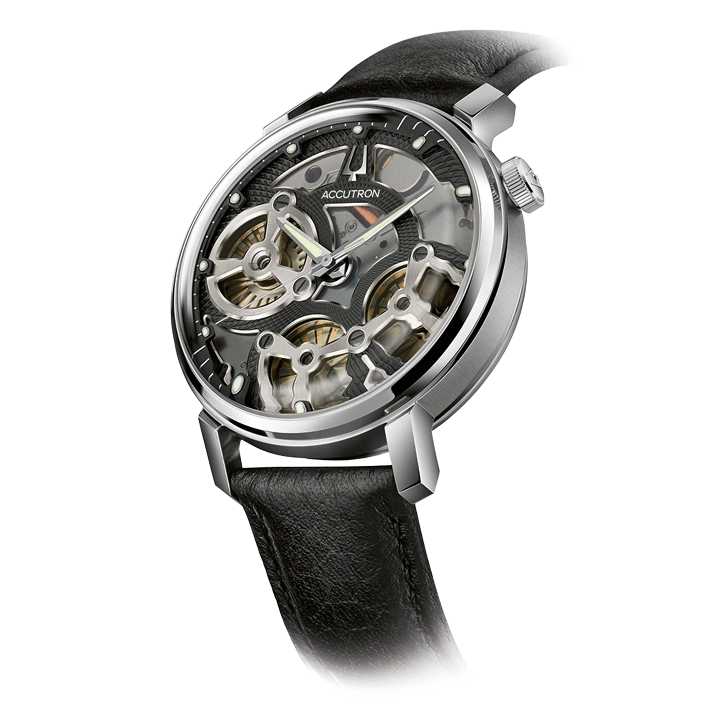 Ein silberner Chronograph mit schwarzem Lederarmband und skelettiertem Zifferblatt.