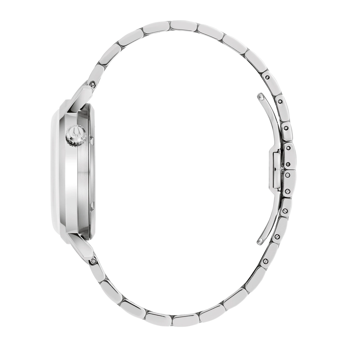 Silberne Uhr mit Armband, Seitenansicht, Detailaufnahme, isoliert auf Weiß