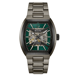 Bulova-Uhr, skelettiertes Zifferblatt, grünes Detail, Automatik, Metallarmband, modernes Design.
