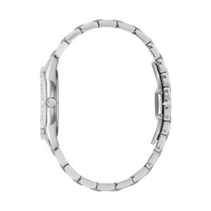 Silberne Damenuhr mit Diamanten und Armband. Elegantes Design, Detailaufnahme.