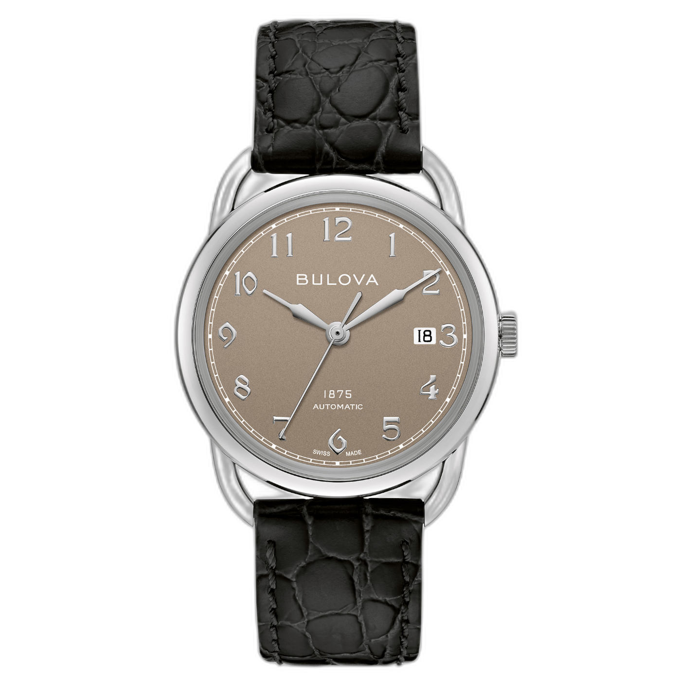 Bulova-Uhr mit braunem Zifferblatt und schwarzem Lederarmband.