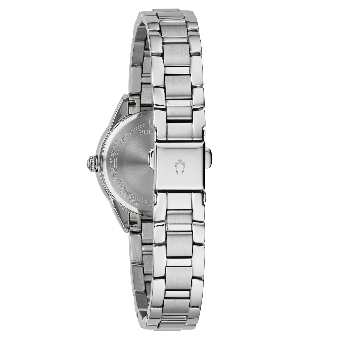 Rückseite einer silbernen Uhr mit Armband und Logo, Wasserfest